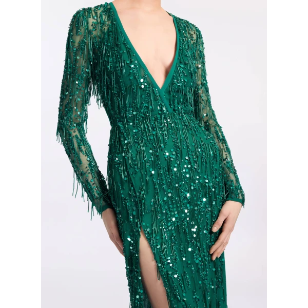 Elie Saab Bead Embroidered Fringe Gown in Green featuring Bead Embroidered Fringes – Luxury Designer Fashion at Coveti.