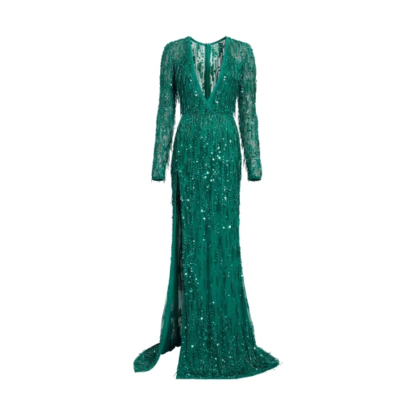 Elie Saab Bead Embroidered Fringe Gown in Green featuring Bead Embroidered Fringes – Luxury Designer Fashion at Coveti.