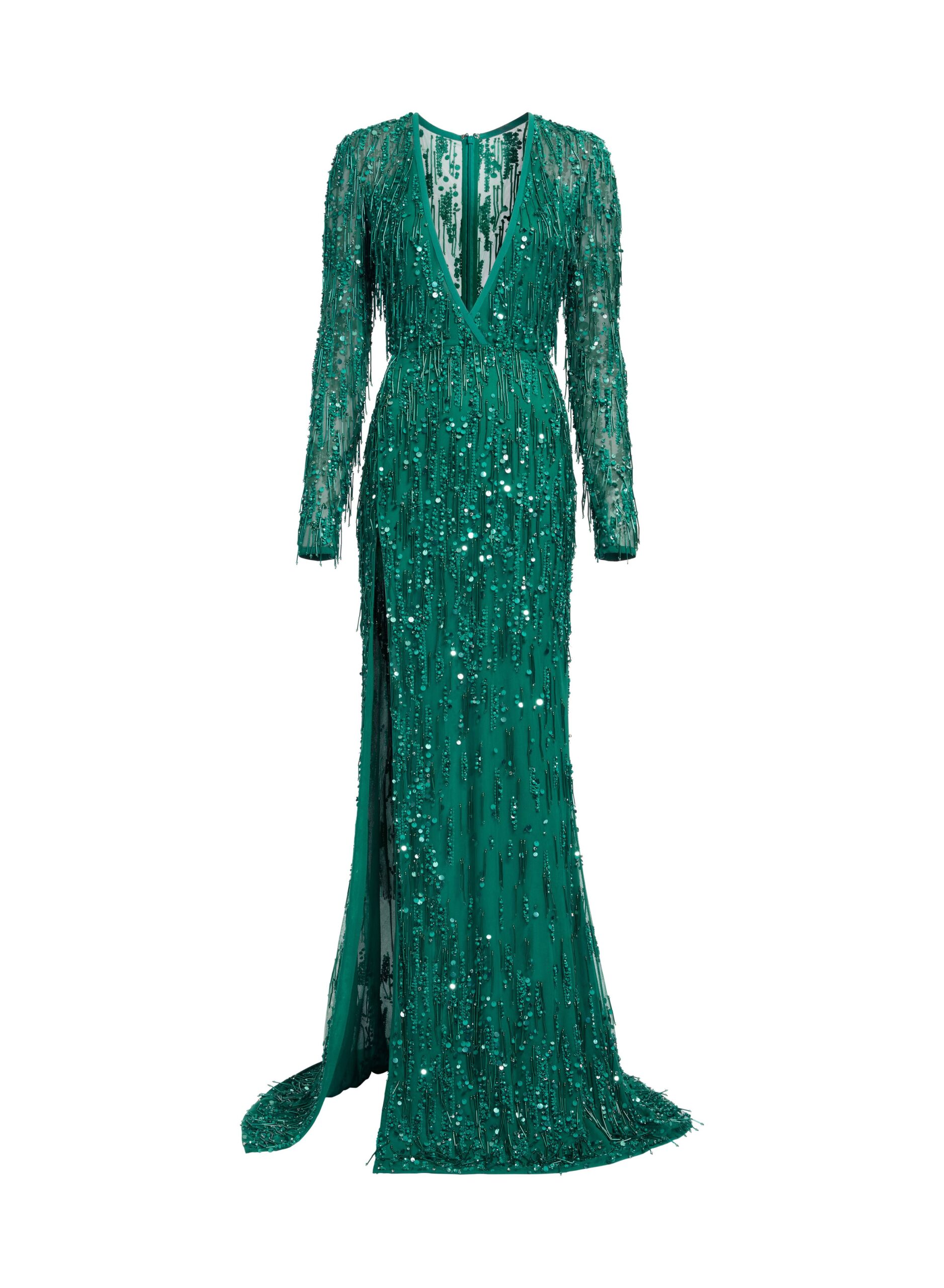 Elie Saab Bead Embroidered Fringe Gown in Green featuring Bead Embroidered Fringes – Luxury Designer Fashion at Coveti.