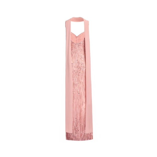 Elie Saab Bead Embroidered Long Dress in Pink featuring Bead Embroidery – Luxury Designer Fashion at Coveti.