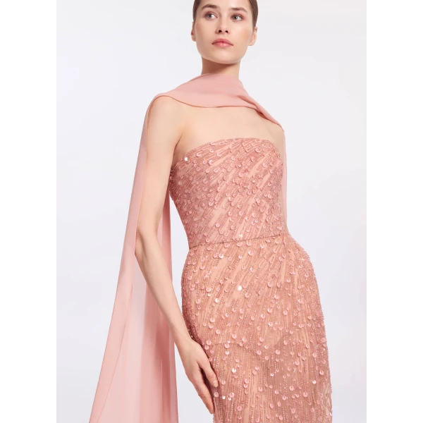 Elie Saab Bead Embroidered Strapless Dress in Pink featuring Corset Bodice – Luxury Designer Fashion at Coveti.