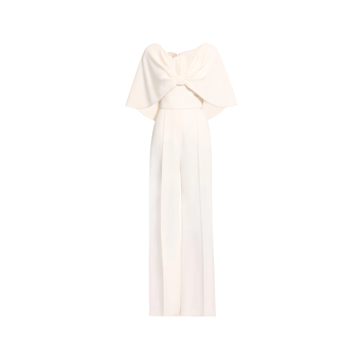 Elie Saab Cady Jumpsuit in White featuring Cape Effect Sleeves – Luxury Designer Fashion at Coveti.