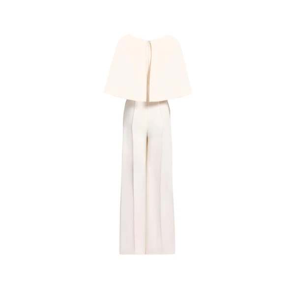 Elie Saab Cady Jumpsuit in White featuring Cape Effect Sleeves – Luxury Designer Fashion at Coveti.