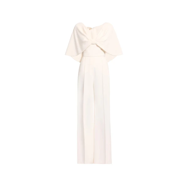Elie Saab Cady Jumpsuit in White featuring Cape Effect Sleeves – Luxury Designer Fashion at Coveti.