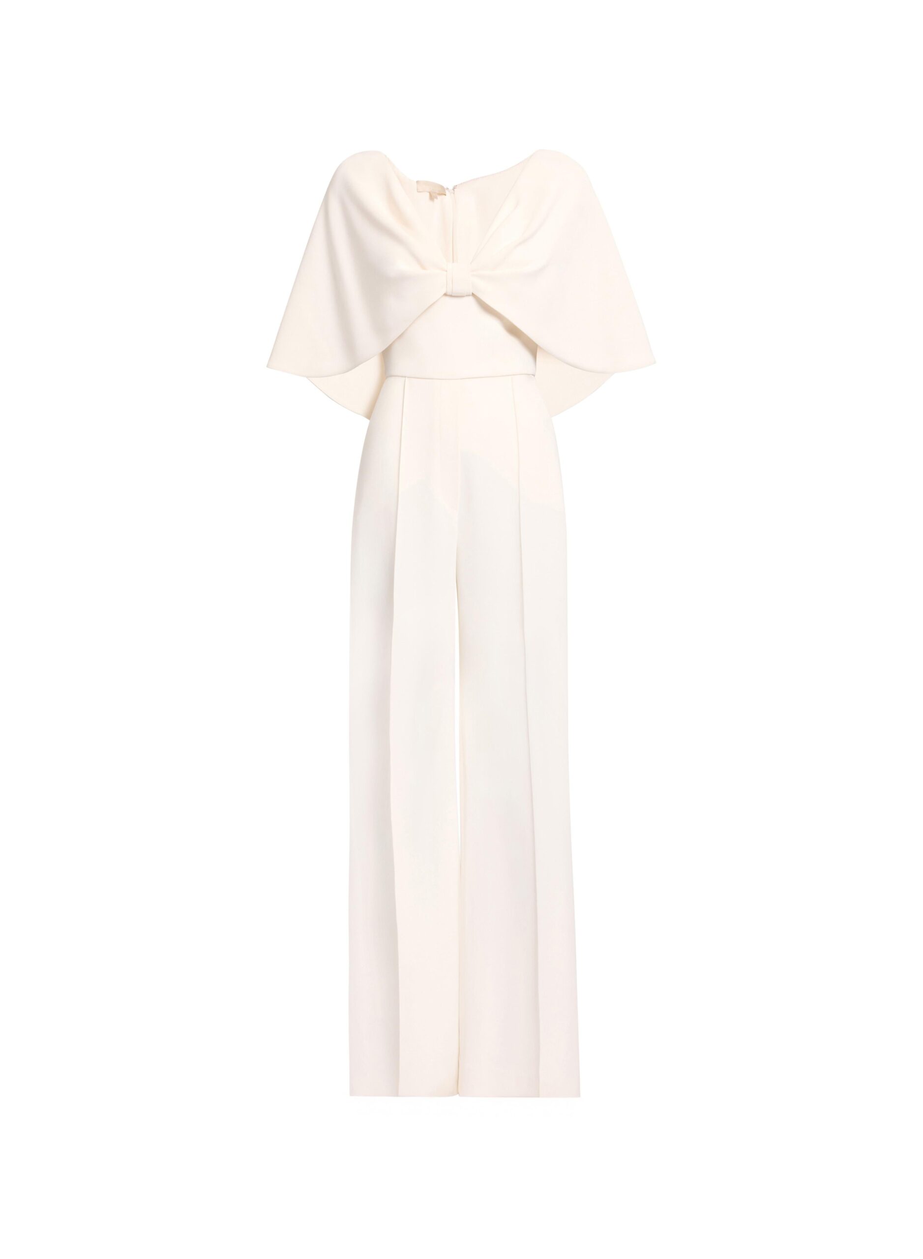 Elie Saab Cady Jumpsuit in White featuring Cape Effect Sleeves – Luxury Designer Fashion at Coveti.