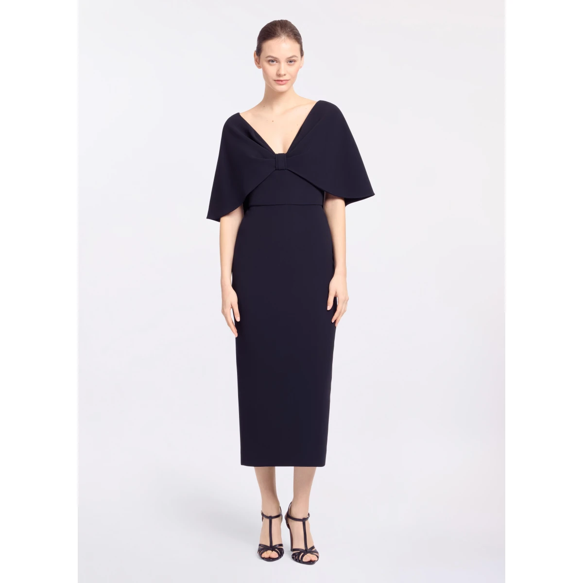 Elie Saab Cady Midi Dress in Black featuring Cape Effect Sleeves – Luxury Designer Fashion at Coveti.