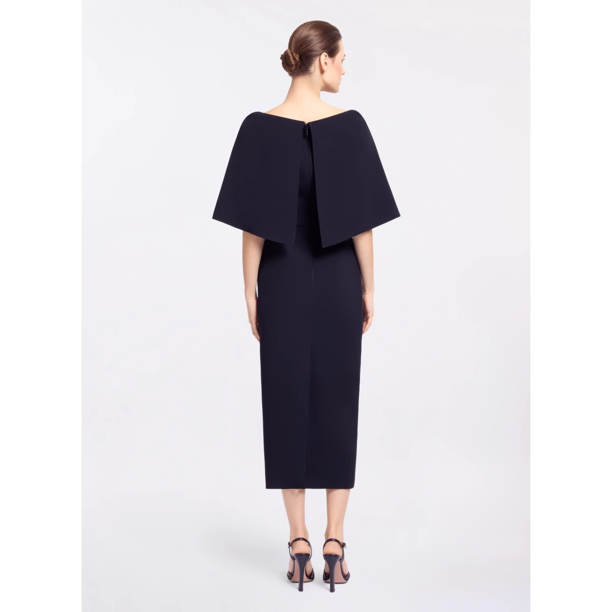Elie Saab Cady Midi Dress in Black featuring Cape Effect Sleeves – Luxury Designer Fashion at Coveti.