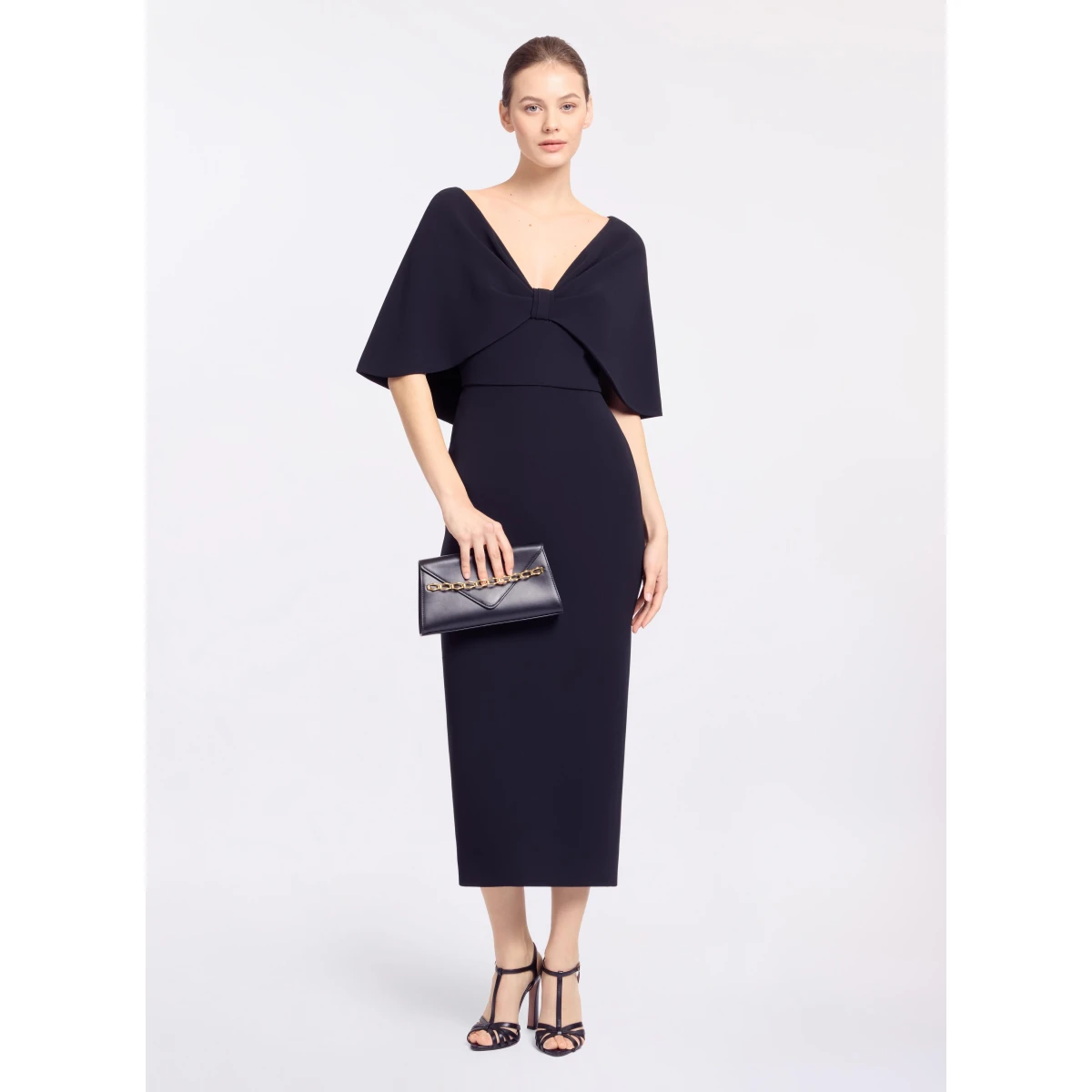 Elie Saab Cady Midi Dress in Black featuring Cape Effect Sleeves – Luxury Designer Fashion at Coveti.