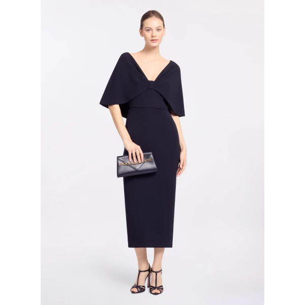 Elie Saab Cady Midi Dress in Black featuring Cape Effect Sleeves – Luxury Designer Fashion at Coveti.