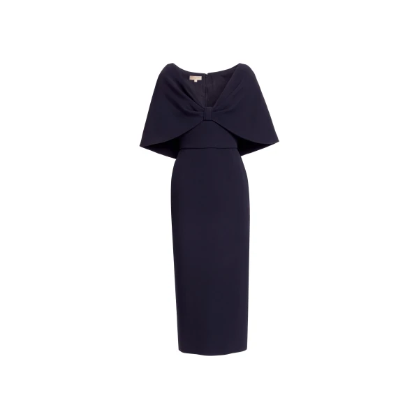Elie Saab Cady Midi Dress in Black featuring Cape Effect Sleeves – Luxury Designer Fashion at Coveti.