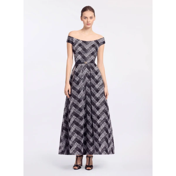 Elie Saab Chevron Off-Shoulder Midi Dress in White featuring Off-The-Shoulder – Luxury Designer Fashion at Coveti.