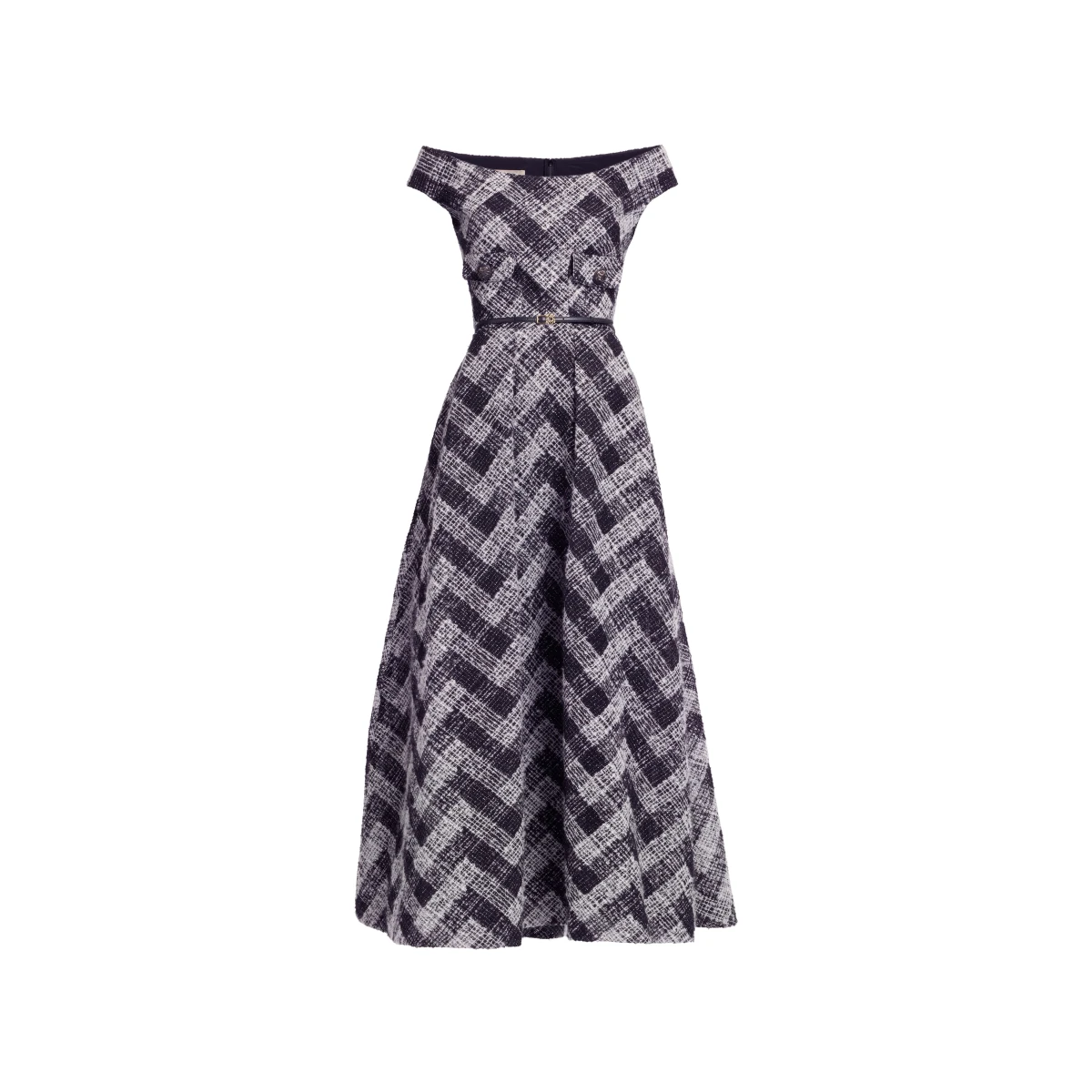 Elie Saab Chevron Off-Shoulder Midi Dress in White featuring Off-The-Shoulder – Luxury Designer Fashion at Coveti.