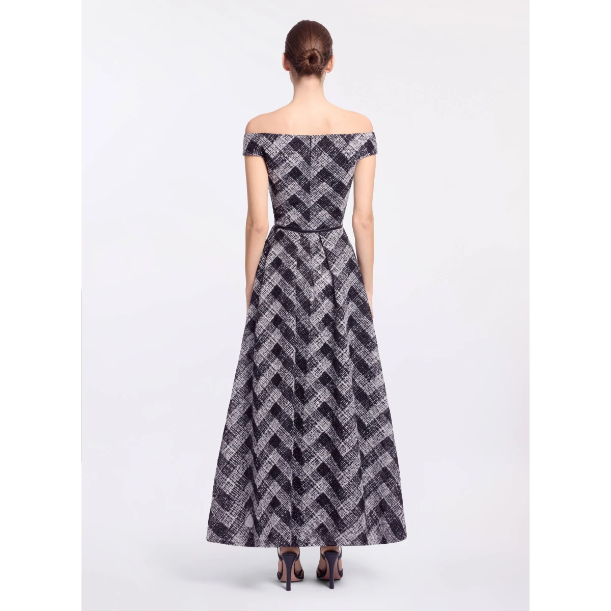 Elie Saab Chevron Off-Shoulder Midi Dress in White featuring Off-The-Shoulder – Luxury Designer Fashion at Coveti.