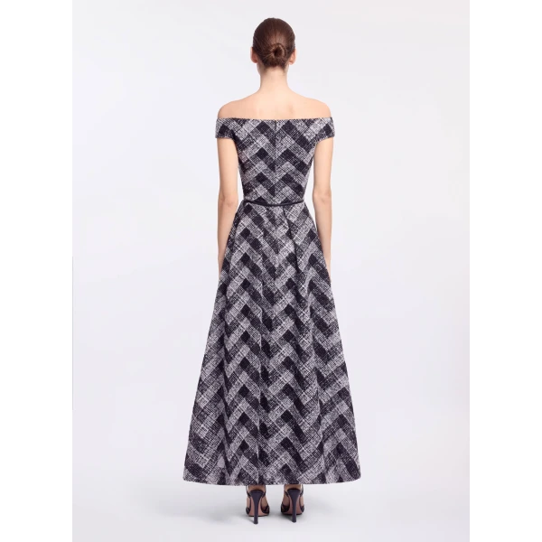 Elie Saab Chevron Off-Shoulder Midi Dress in White featuring Off-The-Shoulder – Luxury Designer Fashion at Coveti.