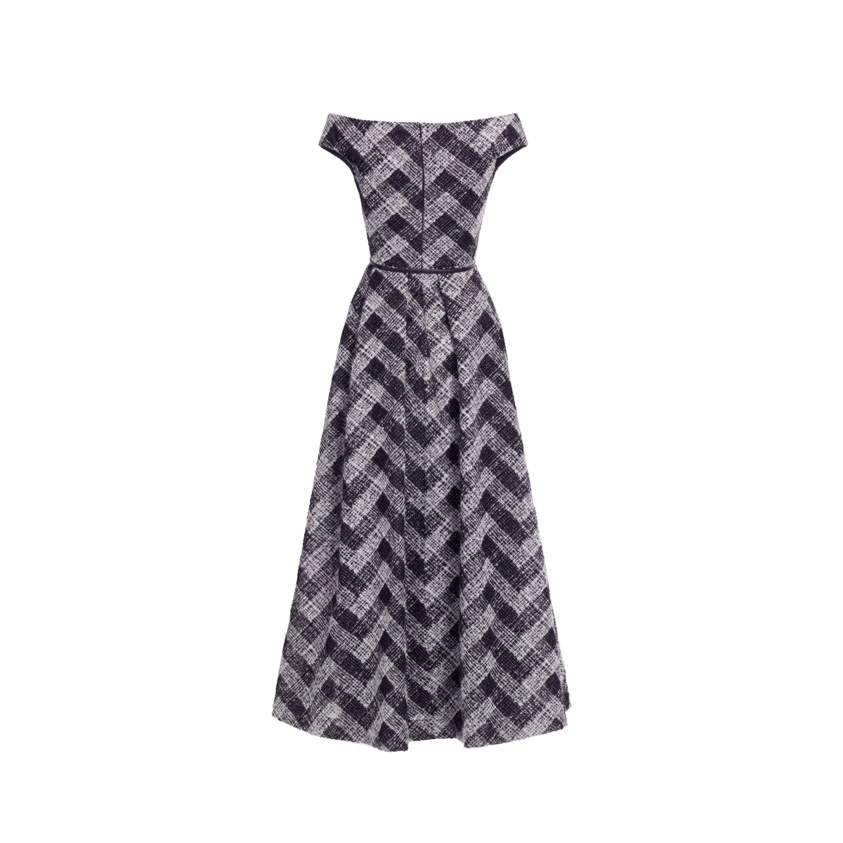Elie Saab Chevron Off-Shoulder Midi Dress in White featuring Off-The-Shoulder – Luxury Designer Fashion at Coveti.