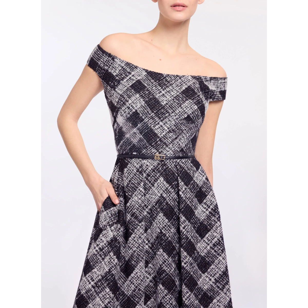 Elie Saab Chevron Off-Shoulder Midi Dress in White featuring Off-The-Shoulder – Luxury Designer Fashion at Coveti.