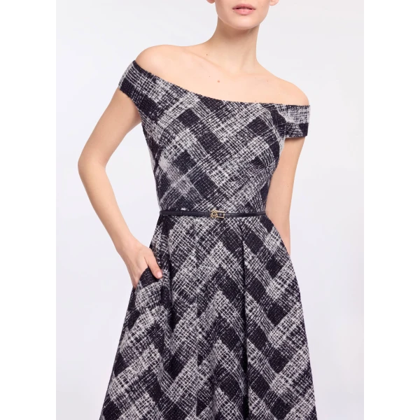 Elie Saab Chevron Off-Shoulder Midi Dress in White featuring Off-The-Shoulder – Luxury Designer Fashion at Coveti.