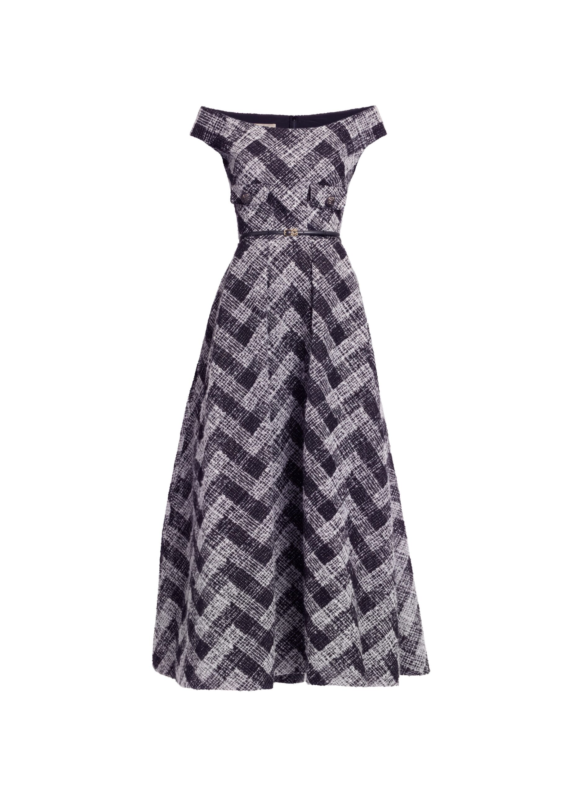 Elie Saab Chevron Off-Shoulder Midi Dress in White featuring Off-The-Shoulder – Luxury Designer Fashion at Coveti.