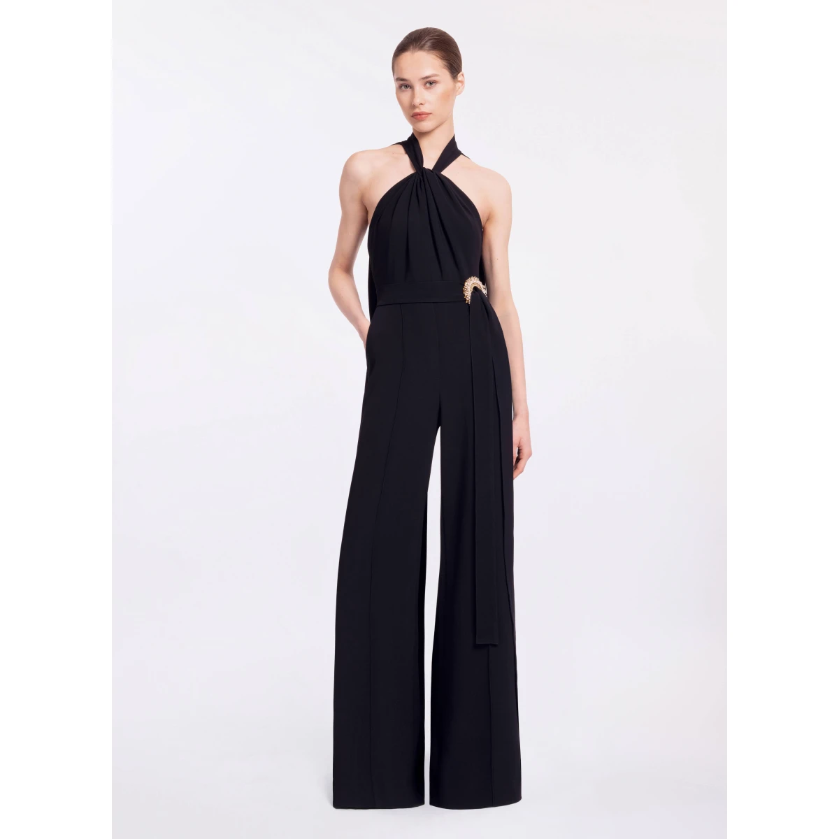 Elie Saab Crystal Embellished Cady Jumpsuit in Black featuring Crystal Embellished – Luxury Designer Fashion at Coveti.