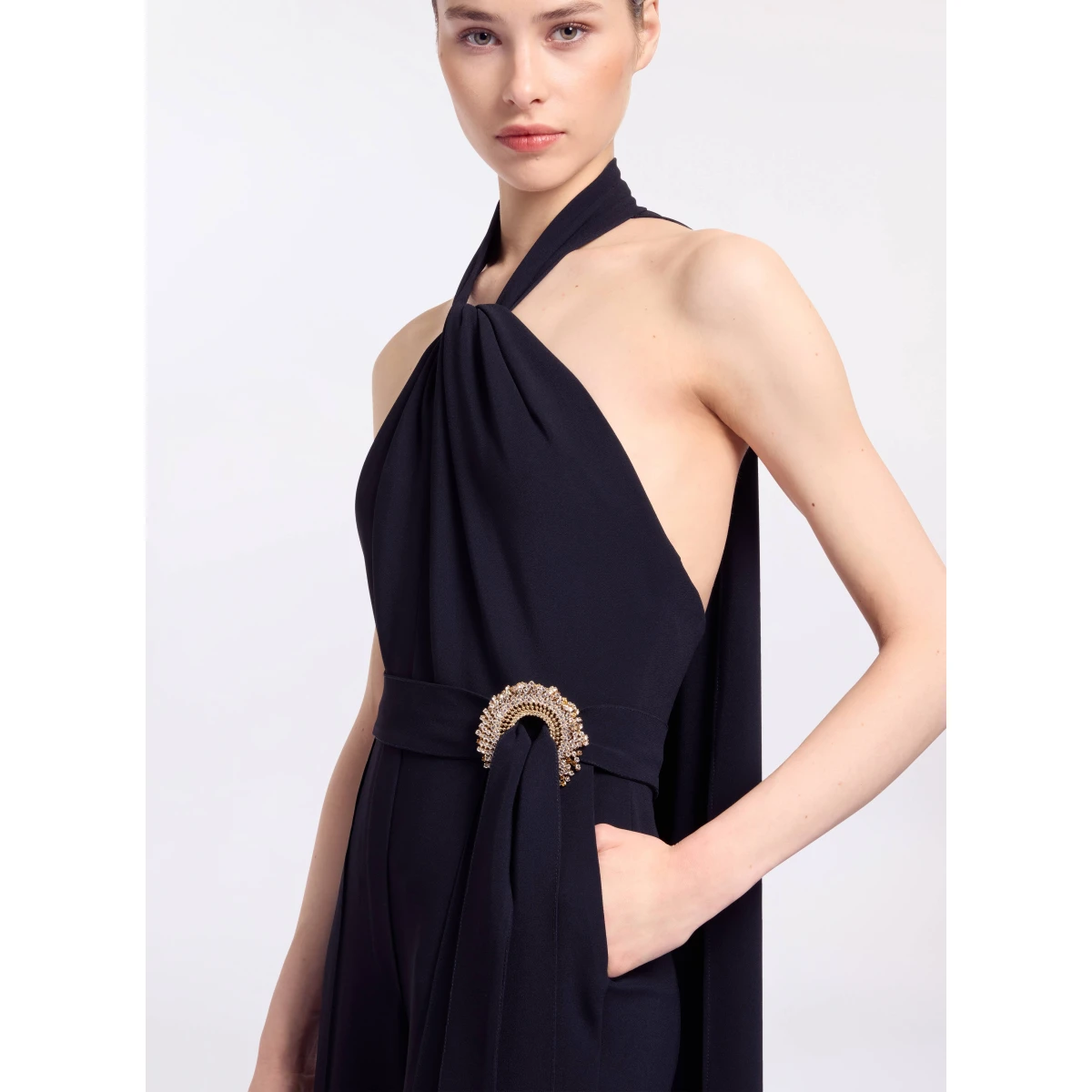 Elie Saab Crystal Embellished Cady Jumpsuit in Black featuring Crystal Embellished – Luxury Designer Fashion at Coveti.