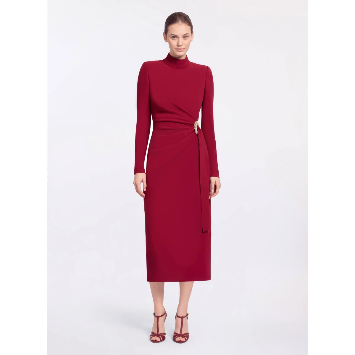 Elie Saab Crytal Embellished Midi Dress in Red featuring Asymmetrical Draped Dress – Luxury Designer Fashion at Coveti.