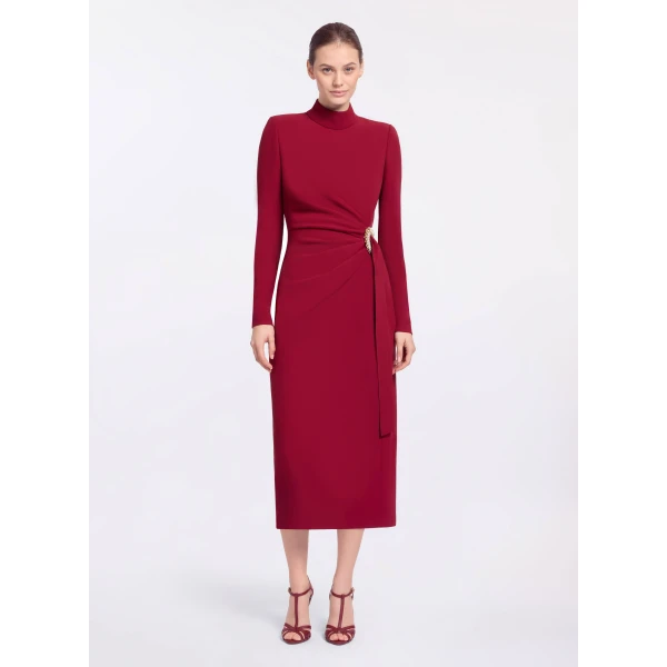 Elie Saab Crytal Embellished Midi Dress in Red featuring Asymmetrical Draped Dress – Luxury Designer Fashion at Coveti.
