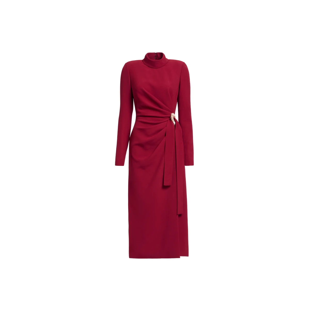 Elie Saab Crytal Embellished Midi Dress in Red featuring Asymmetrical Draped Dress – Luxury Designer Fashion at Coveti.
