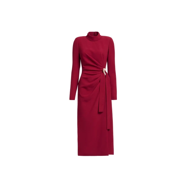 Elie Saab Crytal Embellished Midi Dress in Red featuring Asymmetrical Draped Dress – Luxury Designer Fashion at Coveti.