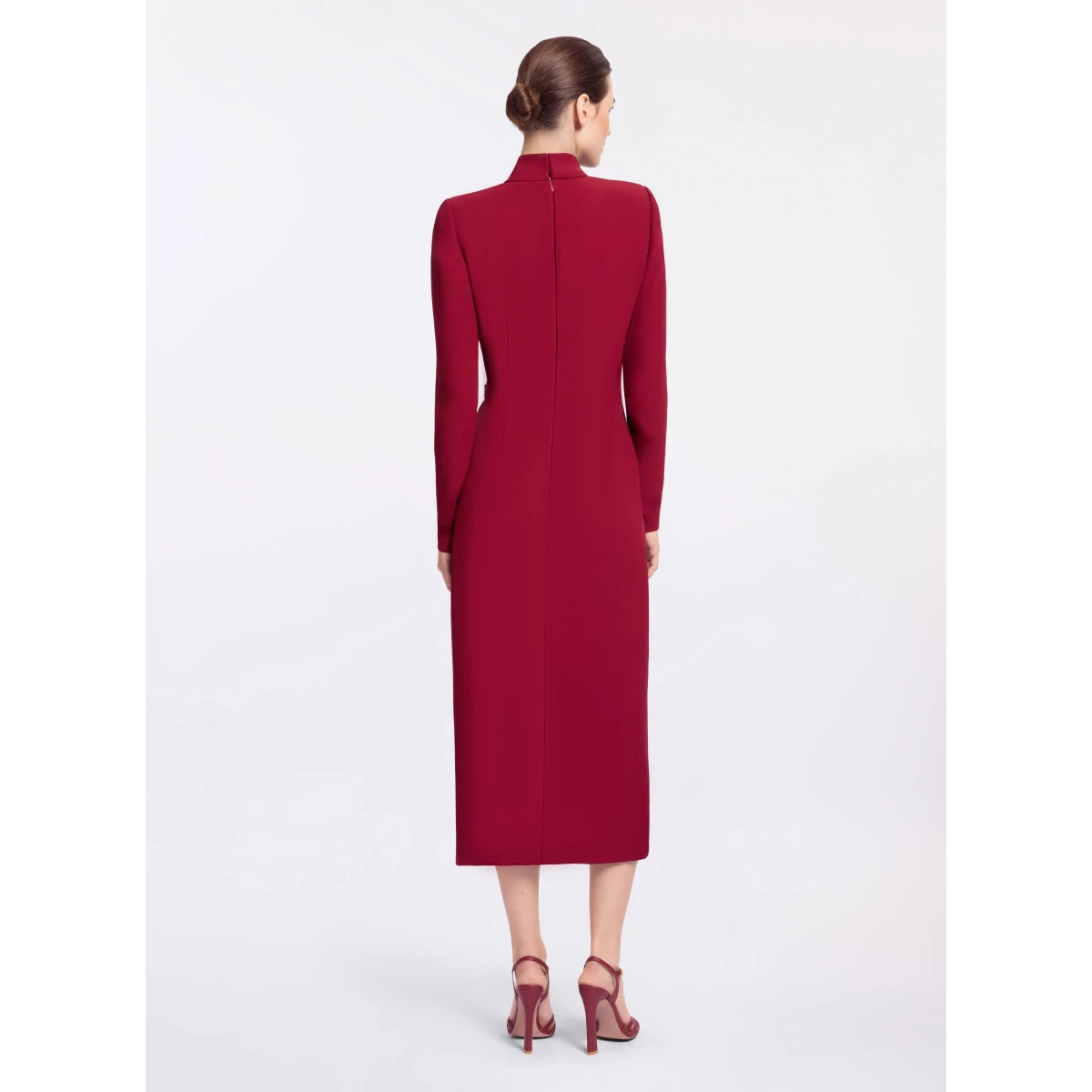 Elie Saab Crytal Embellished Midi Dress in Red featuring Asymmetrical Draped Dress – Luxury Designer Fashion at Coveti.