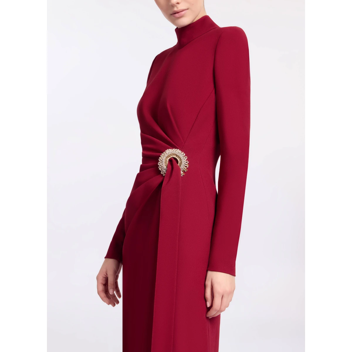 Elie Saab Crytal Embellished Midi Dress in Red featuring Asymmetrical Draped Dress – Luxury Designer Fashion at Coveti.
