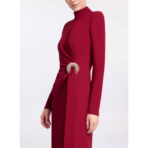 Elie Saab Crytal Embellished Midi Dress in Red featuring Asymmetrical Draped Dress – Luxury Designer Fashion at Coveti.