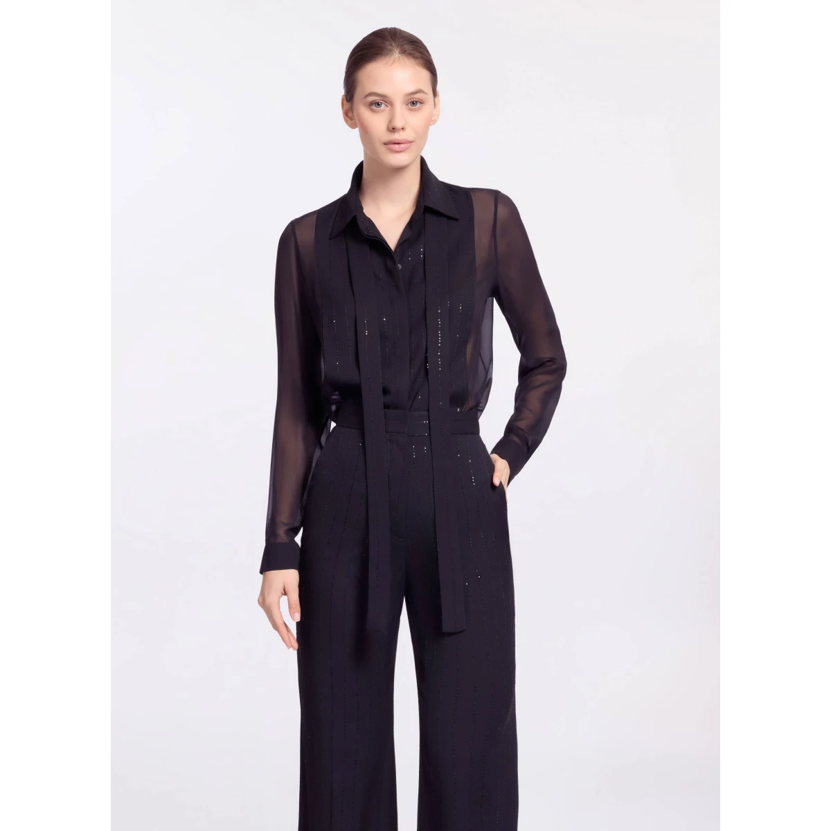 Elie Saab Embellished Pinstripe Silk Shirt in Black featuring Classic Collar – Luxury Designer Fashion at Coveti.