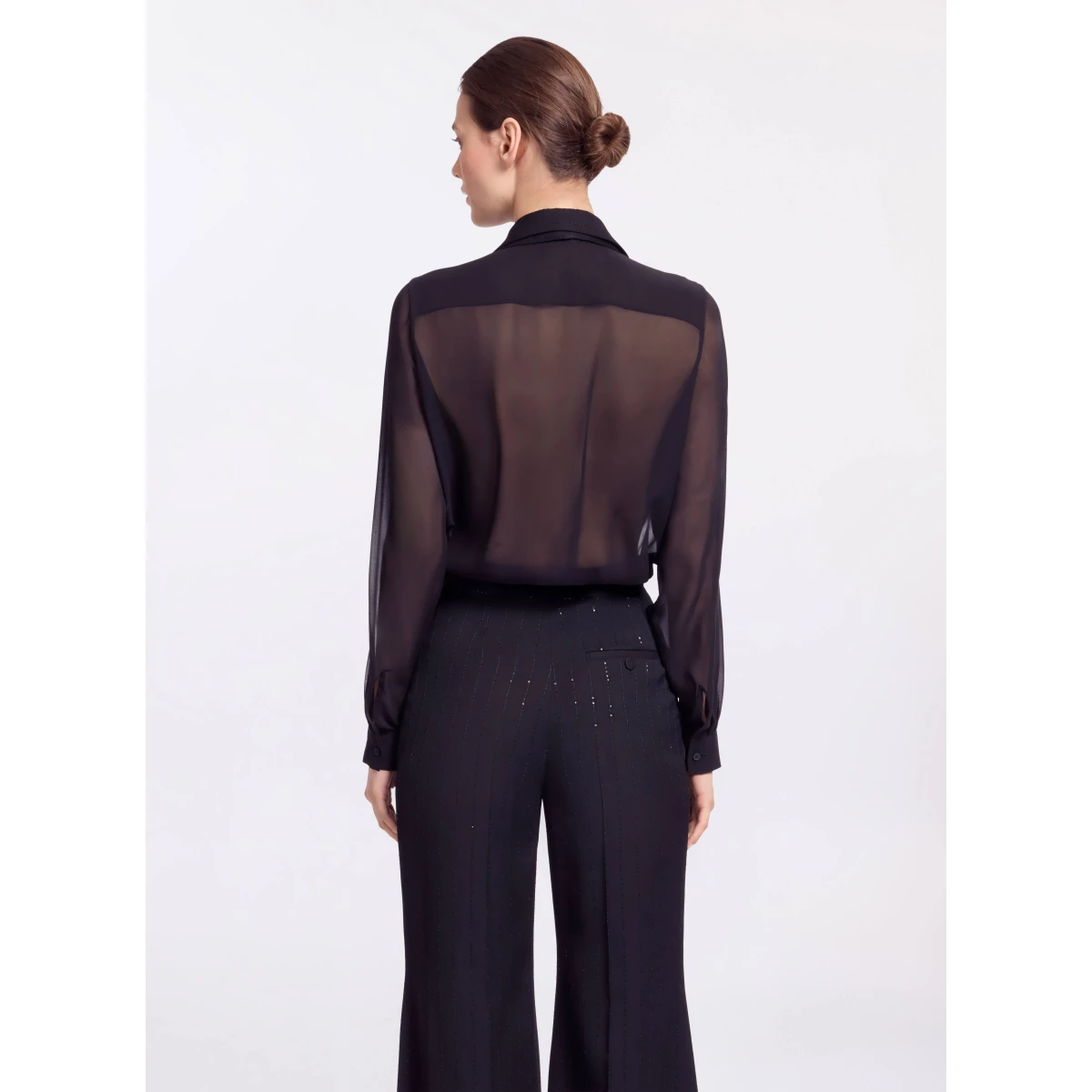 Elie Saab Embellished Pinstripe Silk Shirt in Black featuring Classic Collar – Luxury Designer Fashion at Coveti.