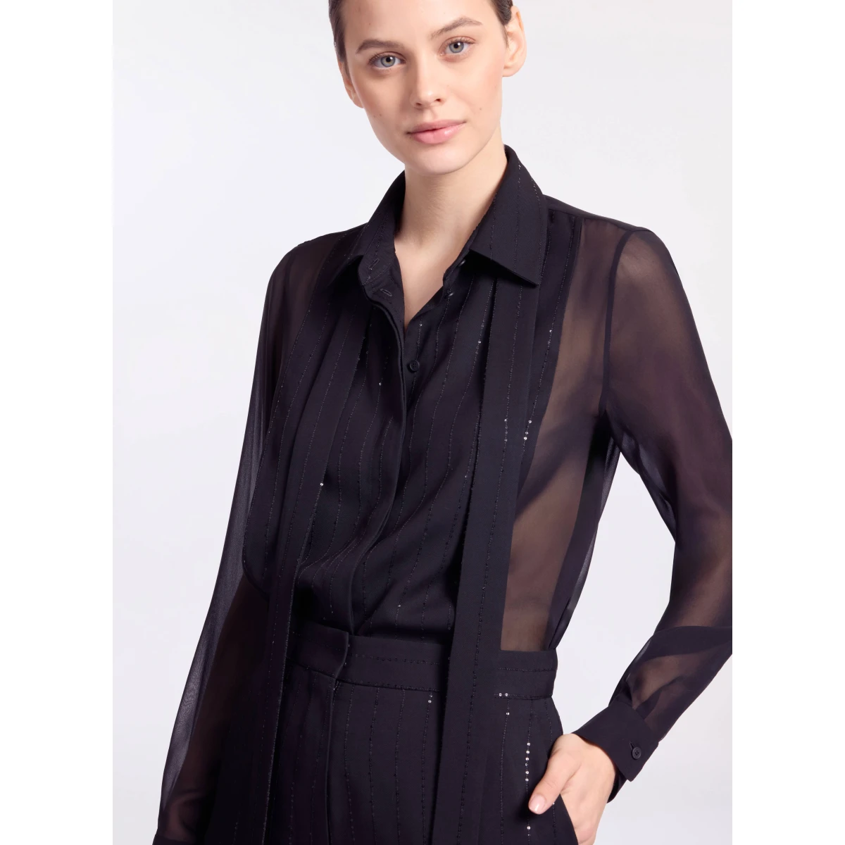 Elie Saab Embellished Pinstripe Silk Shirt in Black featuring Classic Collar – Luxury Designer Fashion at Coveti.