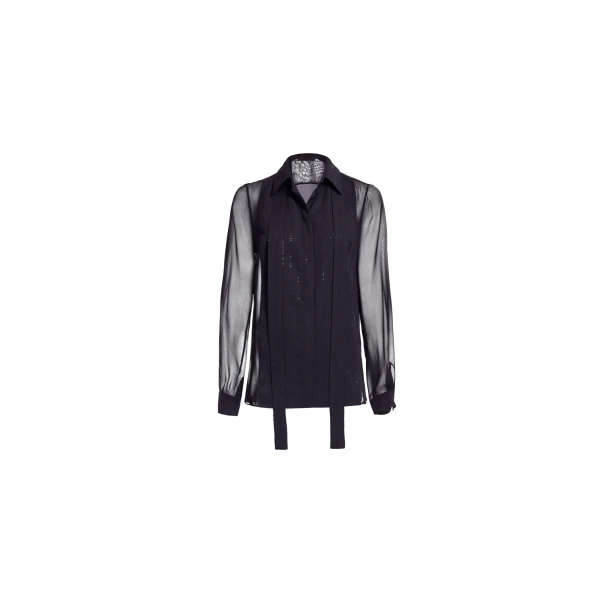 Elie Saab Embellished Pinstripe Silk Shirt in Black featuring Classic Collar – Luxury Designer Fashion at Coveti.