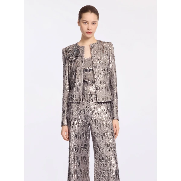 Elie Saab Embellished Sequins Jacket in Silver featuring Floral Applique on Sequins – Luxury Designer Fashion at Coveti.