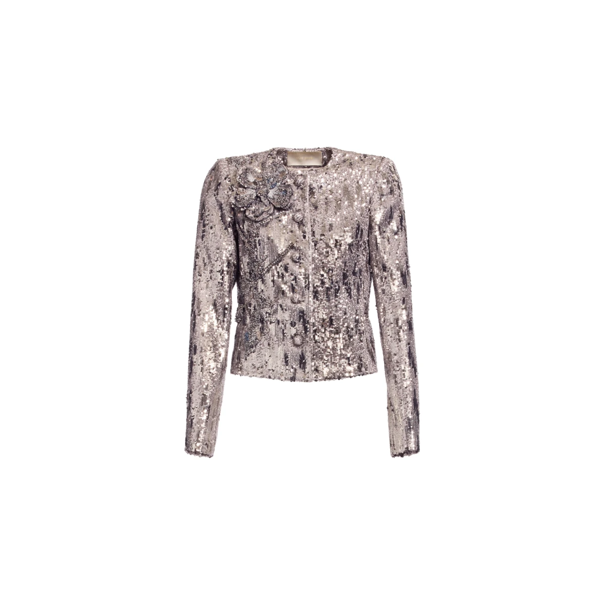 Elie Saab Embellished Sequins Jacket in Silver featuring Floral Applique on Sequins – Luxury Designer Fashion at Coveti.