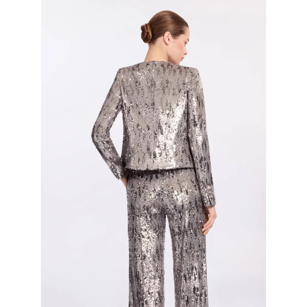 Elie Saab Embellished Sequins Jacket in Silver featuring Floral Applique on Sequins – Luxury Designer Fashion at Coveti.