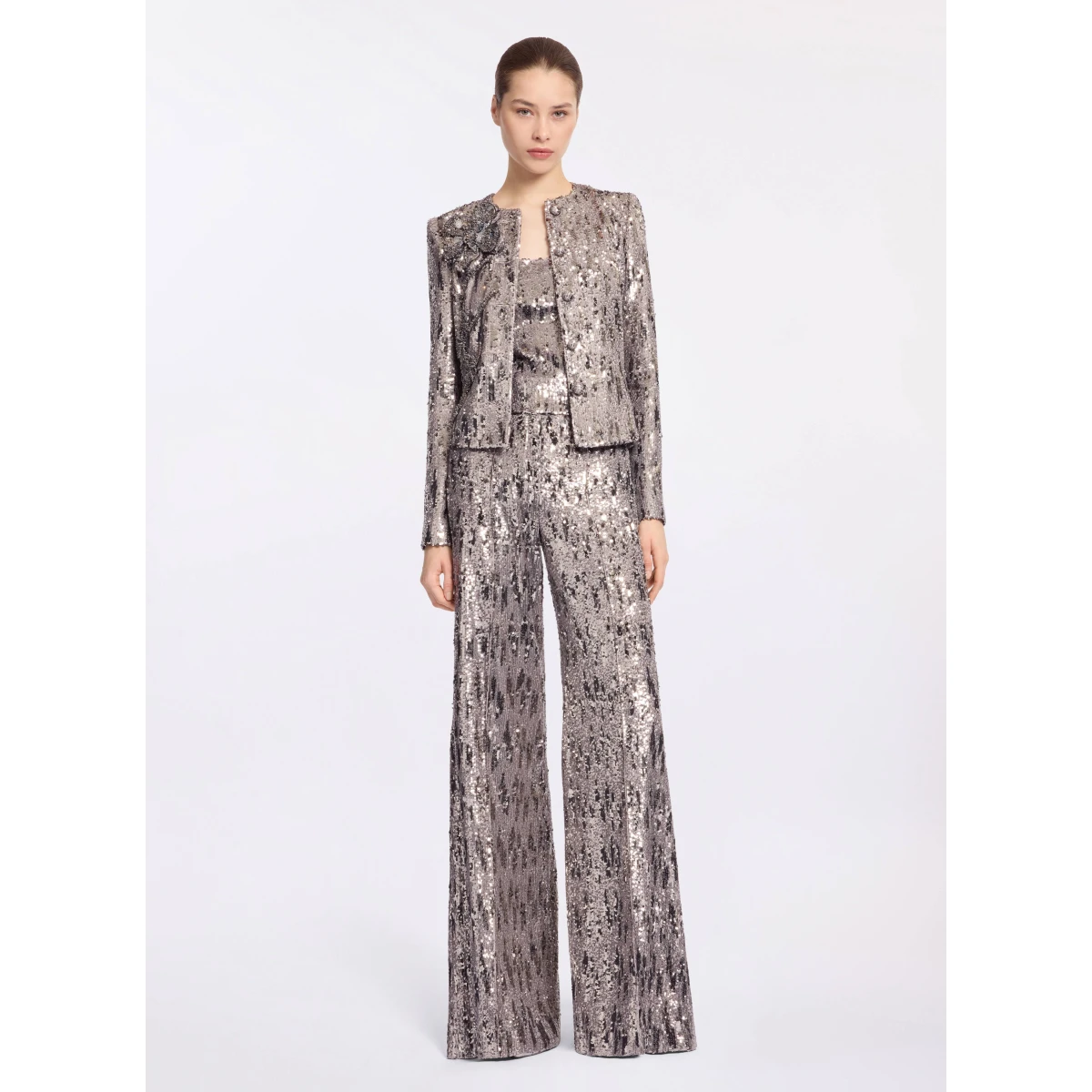 Elie Saab Embellished Sequins Jacket in Silver featuring Floral Applique on Sequins – Luxury Designer Fashion at Coveti.