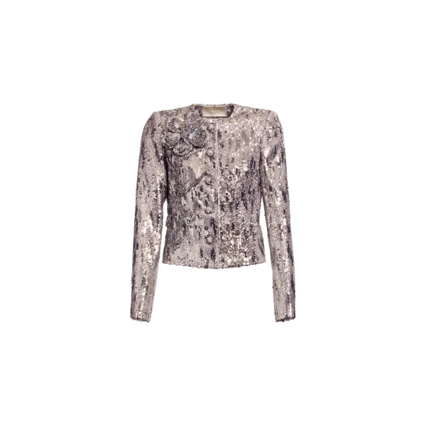 Elie Saab Embellished Sequins Jacket in Silver featuring Floral Applique on Sequins – Luxury Designer Fashion at Coveti.