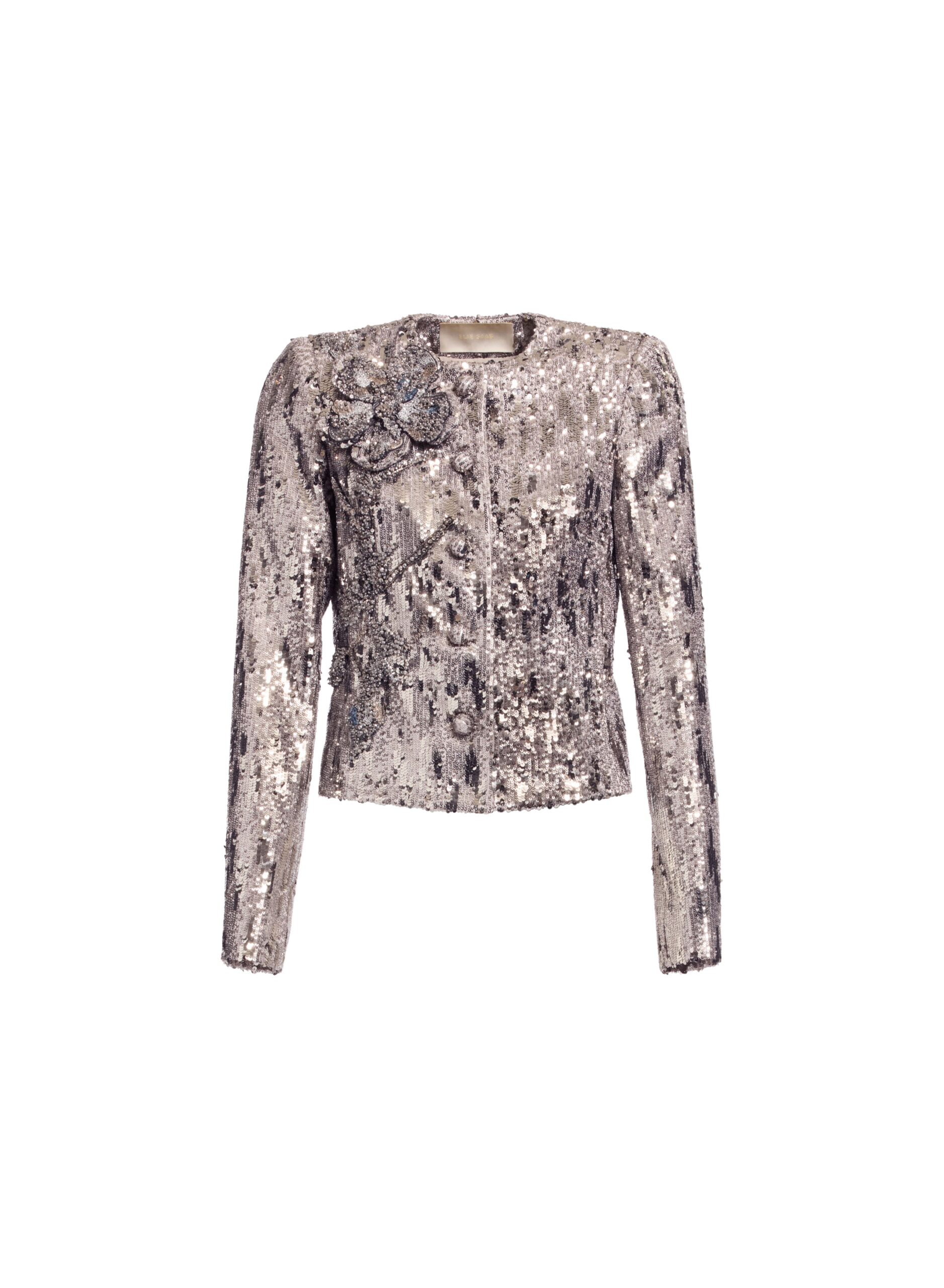 Elie Saab Embellished Sequins Jacket in Silver featuring Floral Applique on Sequins – Luxury Designer Fashion at Coveti.