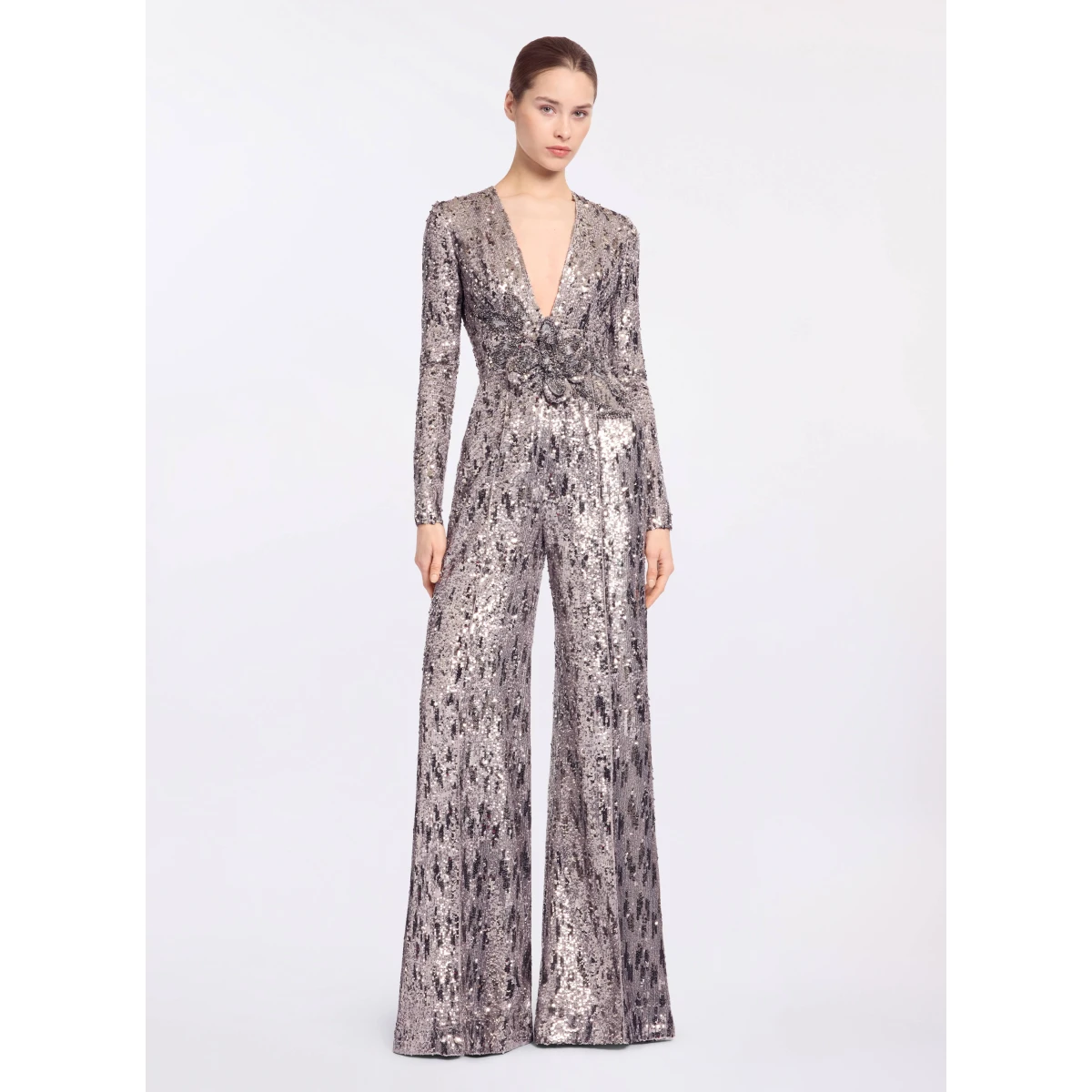 Elie Saab Embellished Sequins Jumpsuit in Silver featuring Floral Applique on Sequins – Luxury Designer Fashion at Coveti.