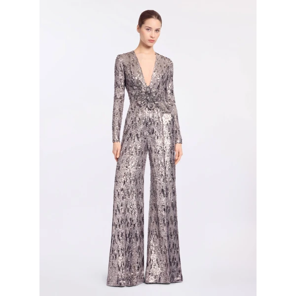 Elie Saab Embellished Sequins Jumpsuit in Silver featuring Floral Applique on Sequins – Luxury Designer Fashion at Coveti.