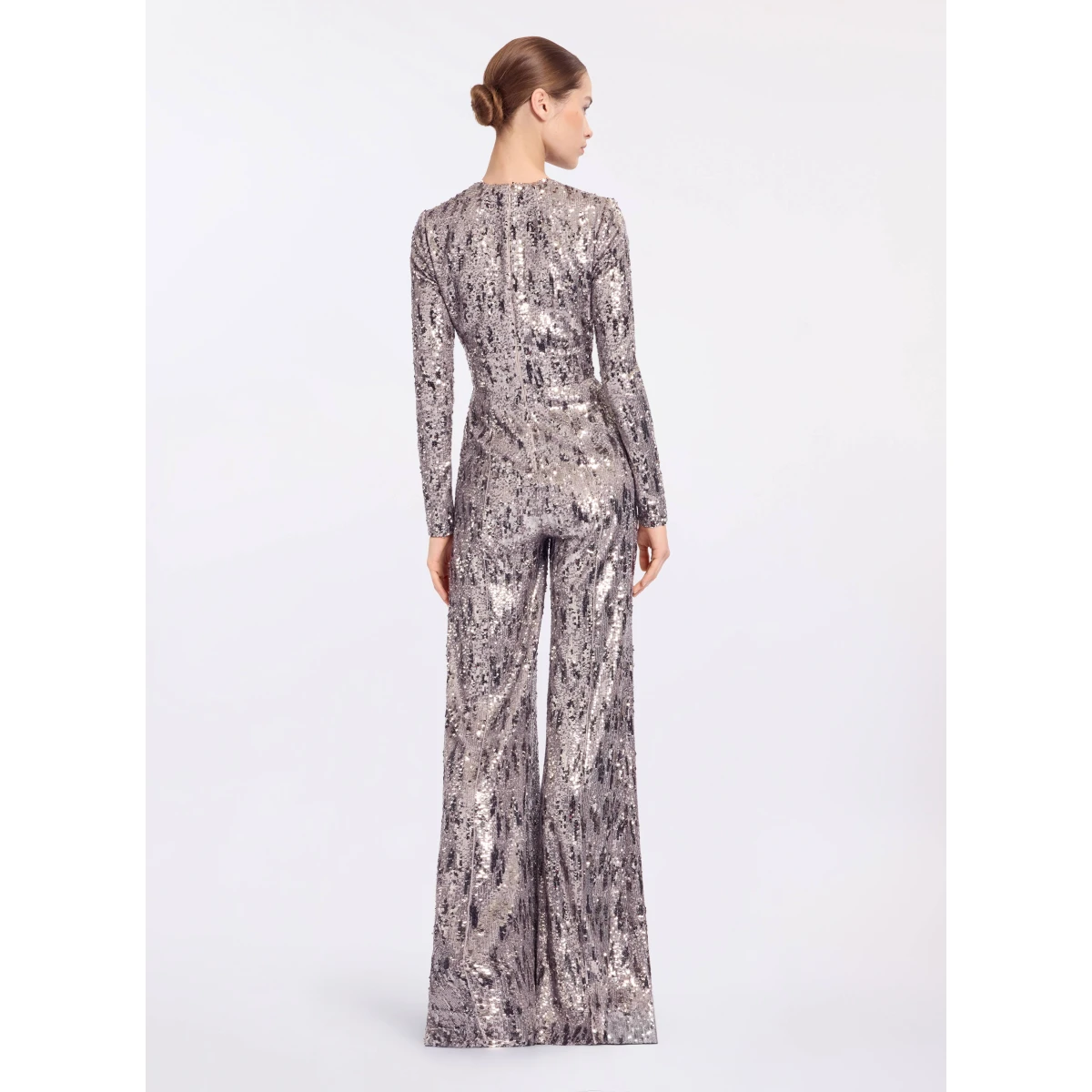 Elie Saab Embellished Sequins Jumpsuit in Silver featuring Floral Applique on Sequins – Luxury Designer Fashion at Coveti.