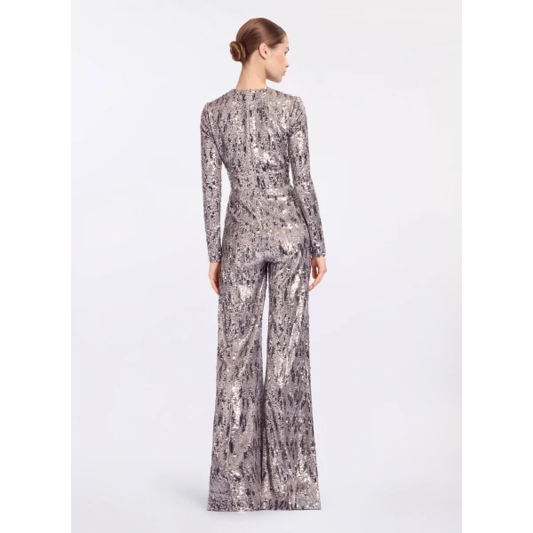 Elie Saab Embellished Sequins Jumpsuit in Silver featuring Floral Applique on Sequins – Luxury Designer Fashion at Coveti.