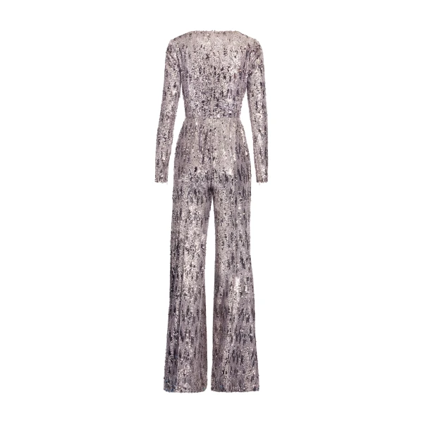Elie Saab Embellished Sequins Jumpsuit in Silver featuring Floral Applique on Sequins – Luxury Designer Fashion at Coveti.