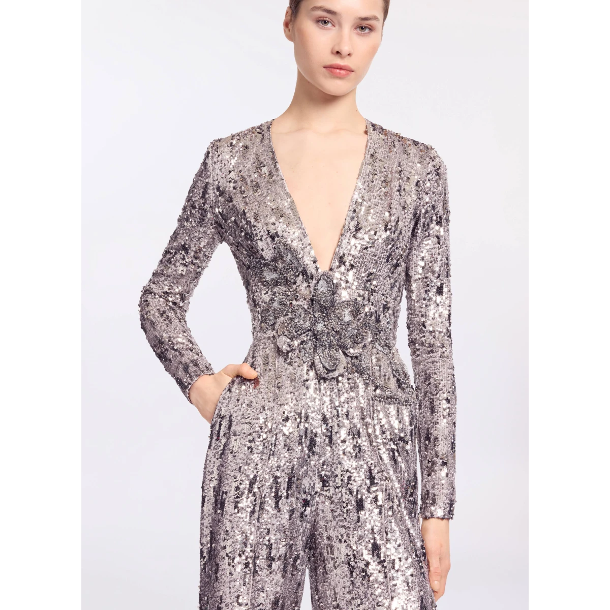 Elie Saab Embellished Sequins Jumpsuit in Silver featuring Floral Applique on Sequins – Luxury Designer Fashion at Coveti.