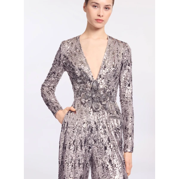 Elie Saab Embellished Sequins Jumpsuit in Silver featuring Floral Applique on Sequins – Luxury Designer Fashion at Coveti.