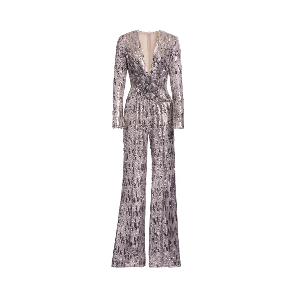 Elie Saab Embellished Sequins Jumpsuit in Silver featuring Floral Applique on Sequins – Luxury Designer Fashion at Coveti.