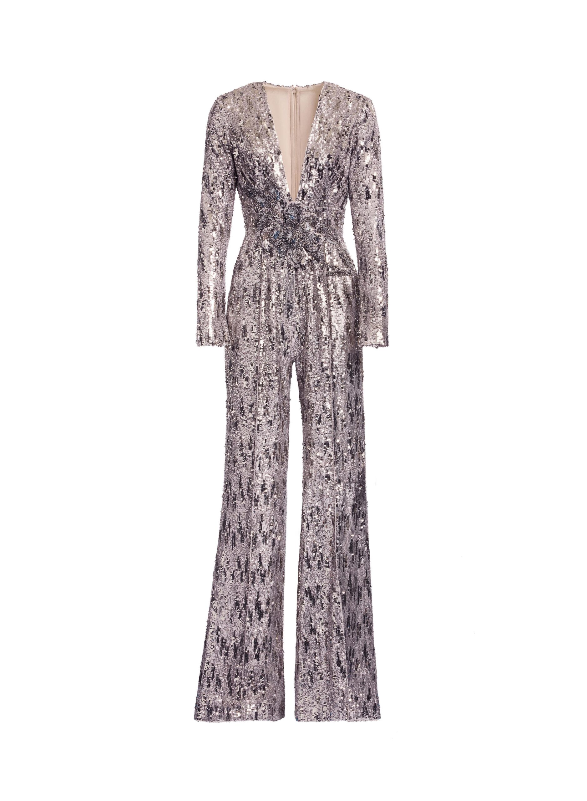 Elie Saab Embellished Sequins Jumpsuit in Silver featuring Floral Applique on Sequins – Luxury Designer Fashion at Coveti.